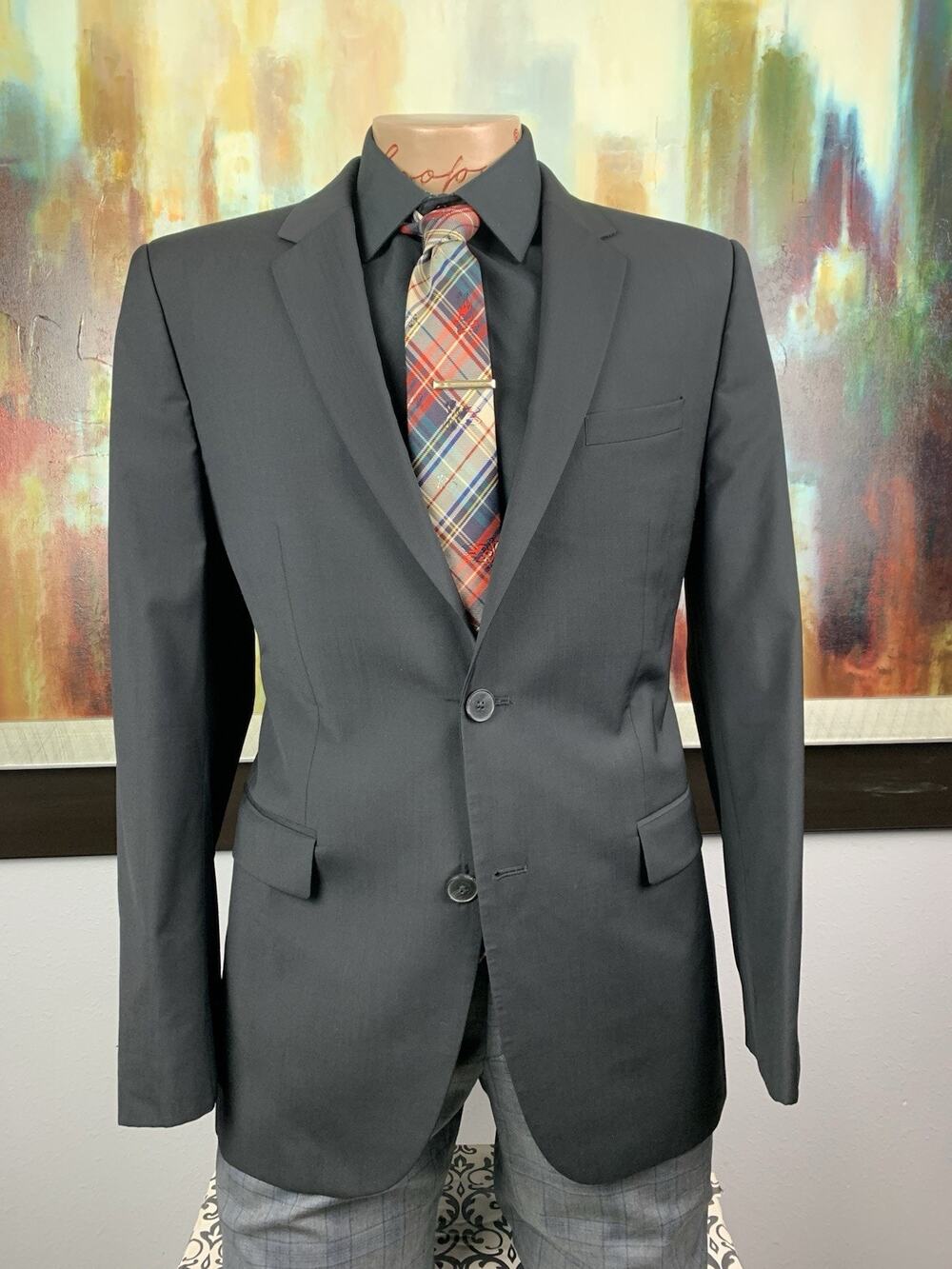 Hugo Boss Mens Super 100s Black Basket Weave Blazer 40R Slim Fit